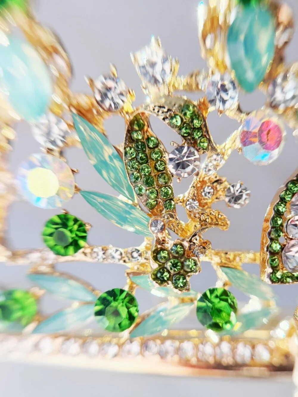 Green Peacock Crystal Tiara Gold Tone Rhinestone Crown Wedding Pageant Prom